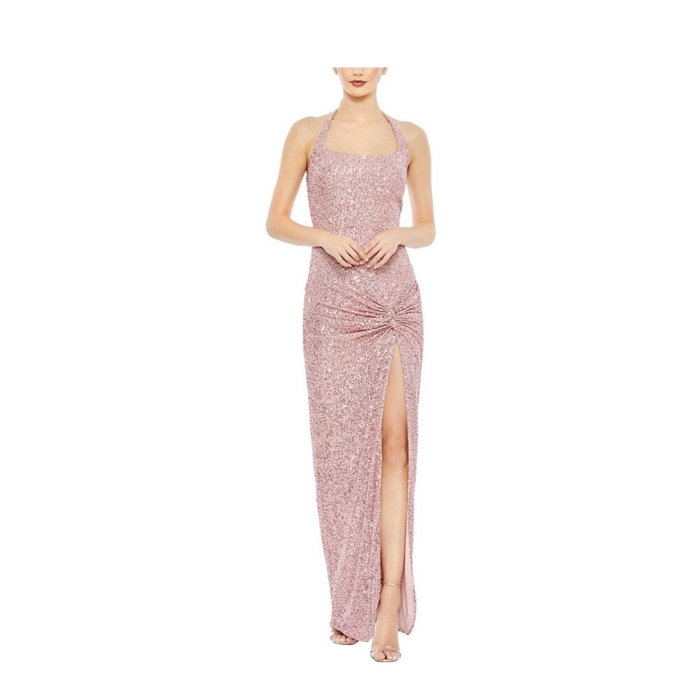 Mac duggal Pink Sequined Halter Strap Low Side Knot Gown Size:8 $398